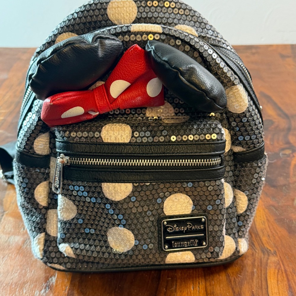 Disney Parks Loungefly Minnie Mouse Sequin Polka Dot Mini Backpack Black White